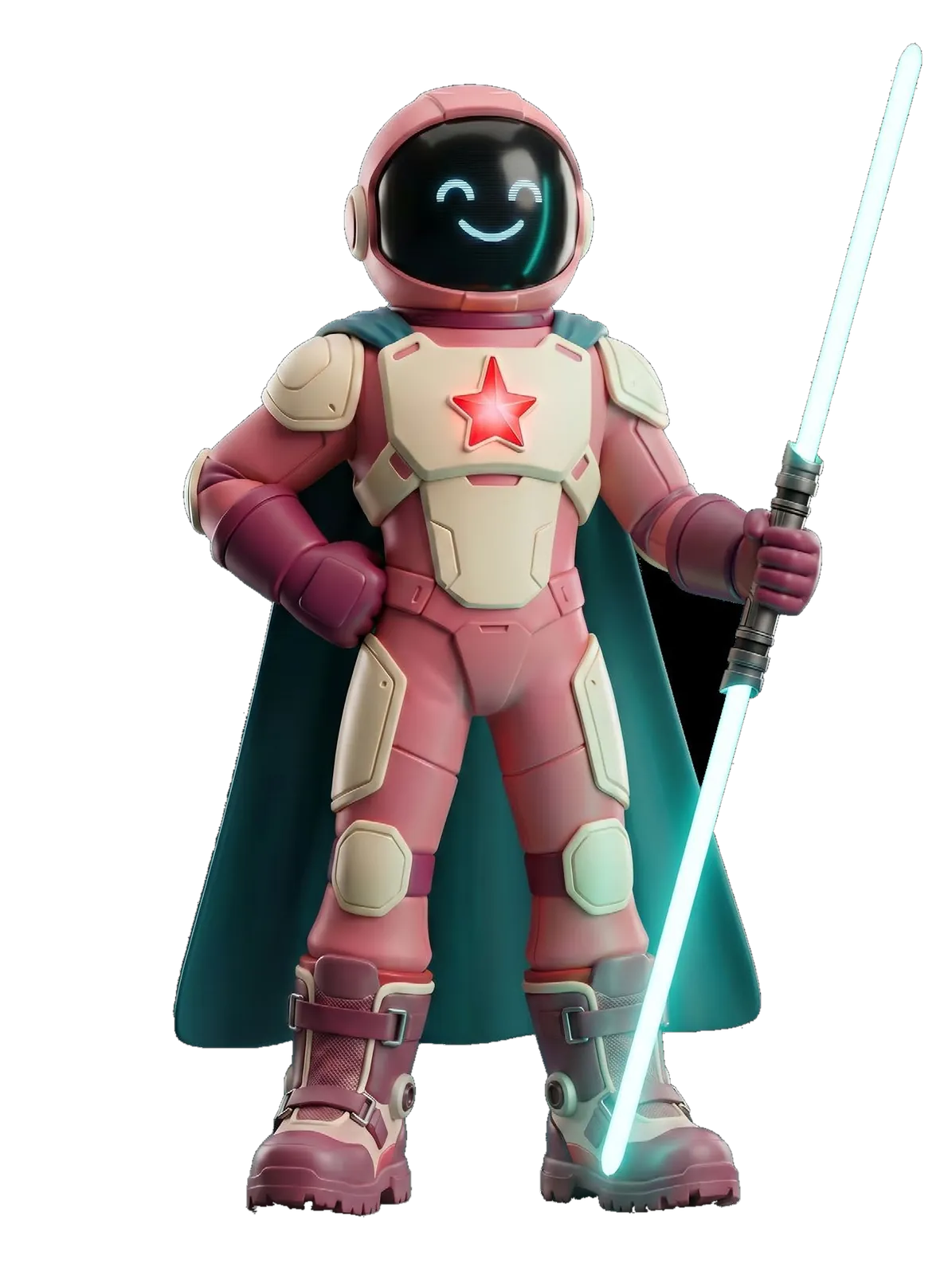 Blusho, a pink-suited astronaut character holding a glowing light staff